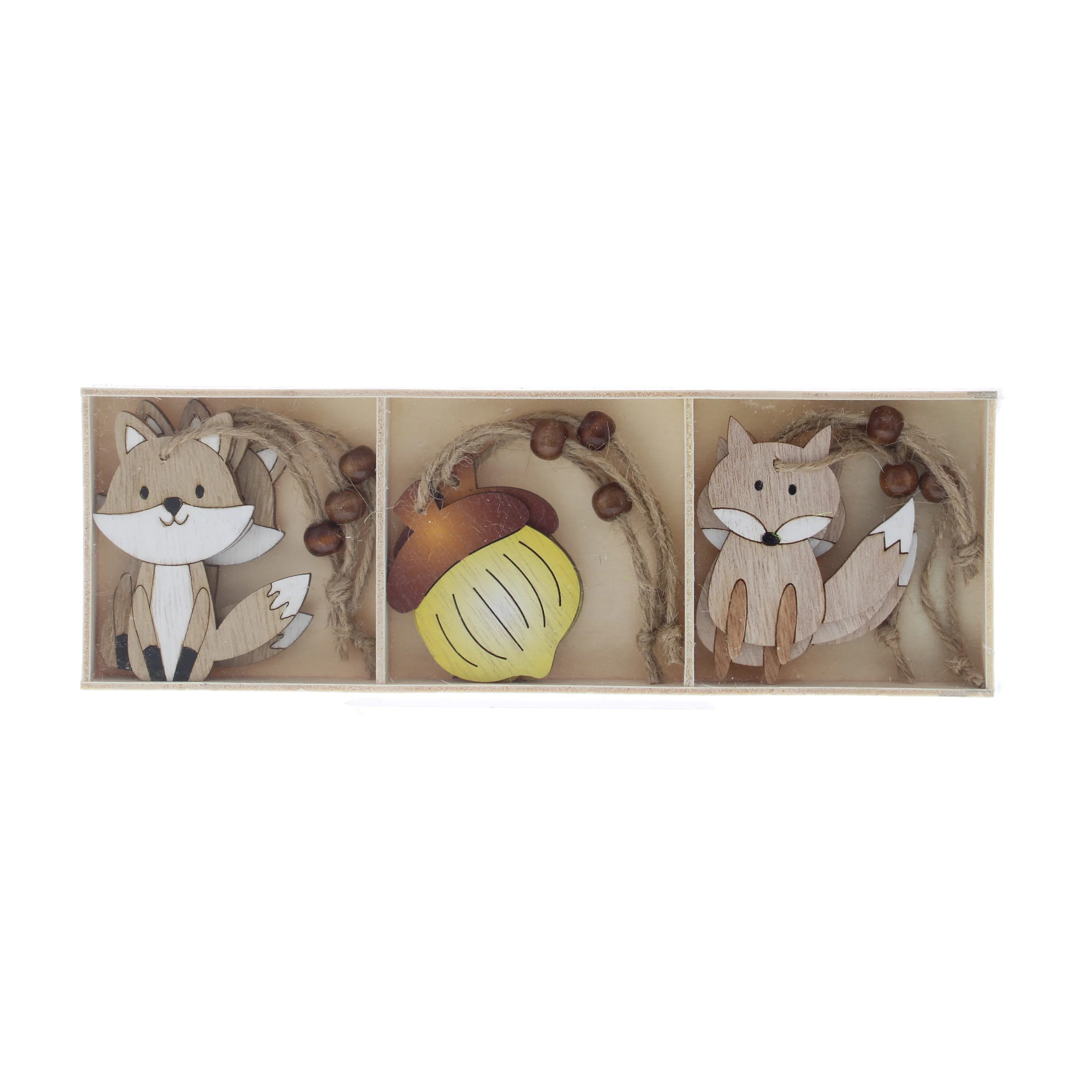 Assorted Wooden Foxes and Acorn Hanging Tree Decorations - Box of 6