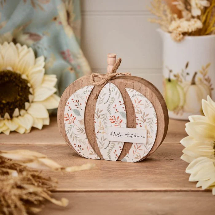 Autumn Pumpkin 'Hello Autumn' Block Floral Wood with String Bow - Image 2