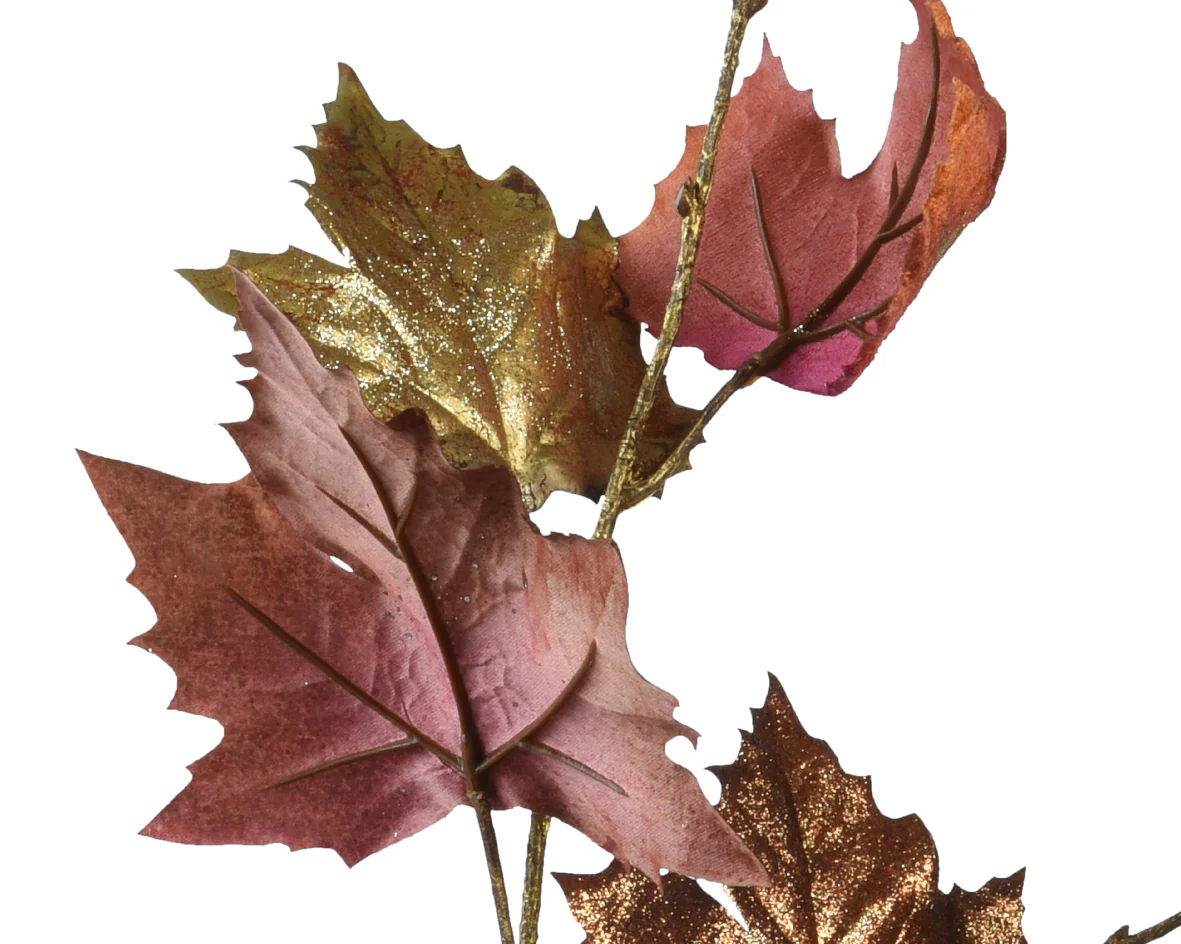 Autumnal Orange and Sparkling Gold Polyester Spray Leaves Pick - Image 2