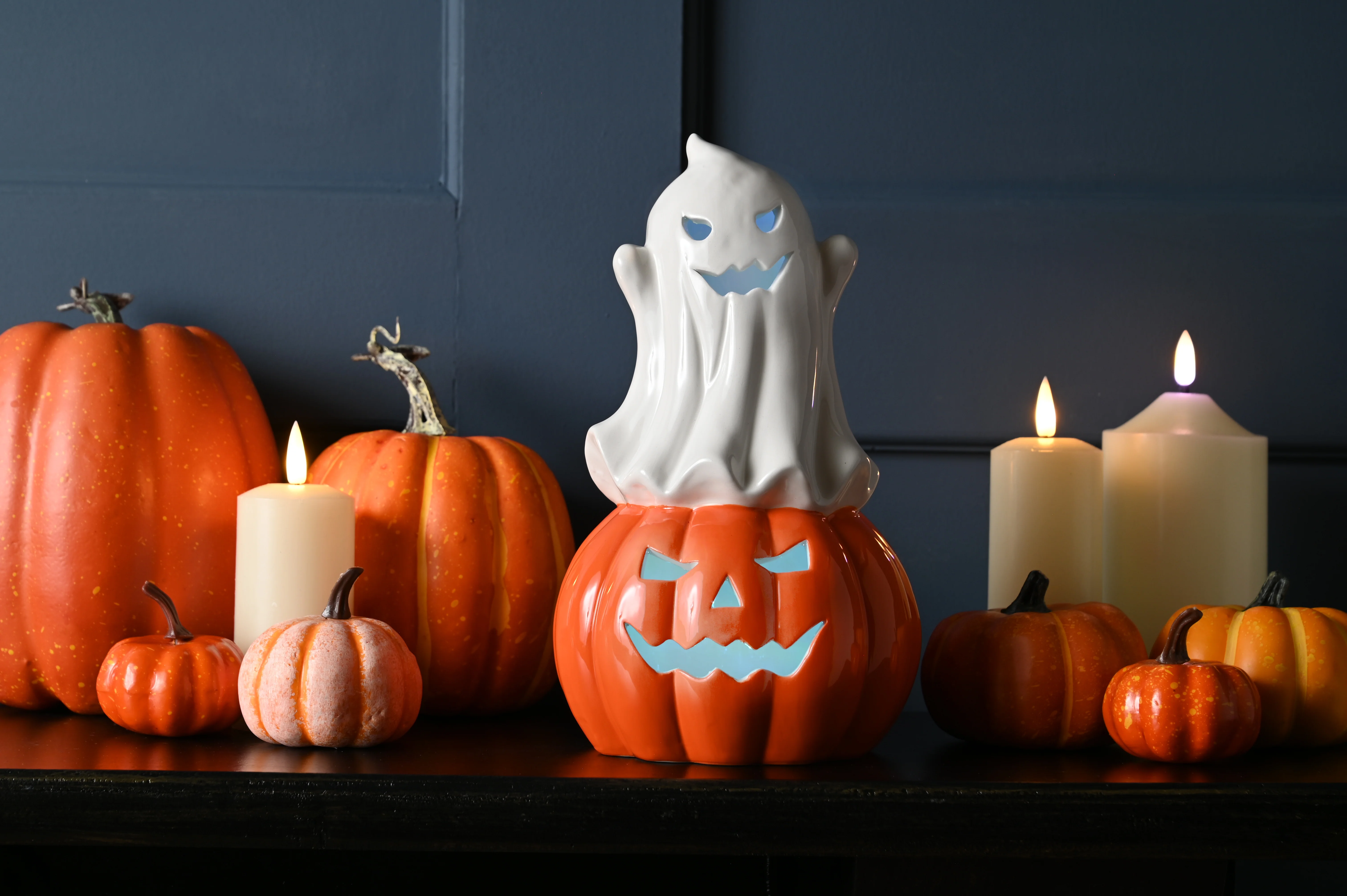 Battery Operated Ceramic Lit Ghost and Pumpkin Table Top Decoration - 24cm