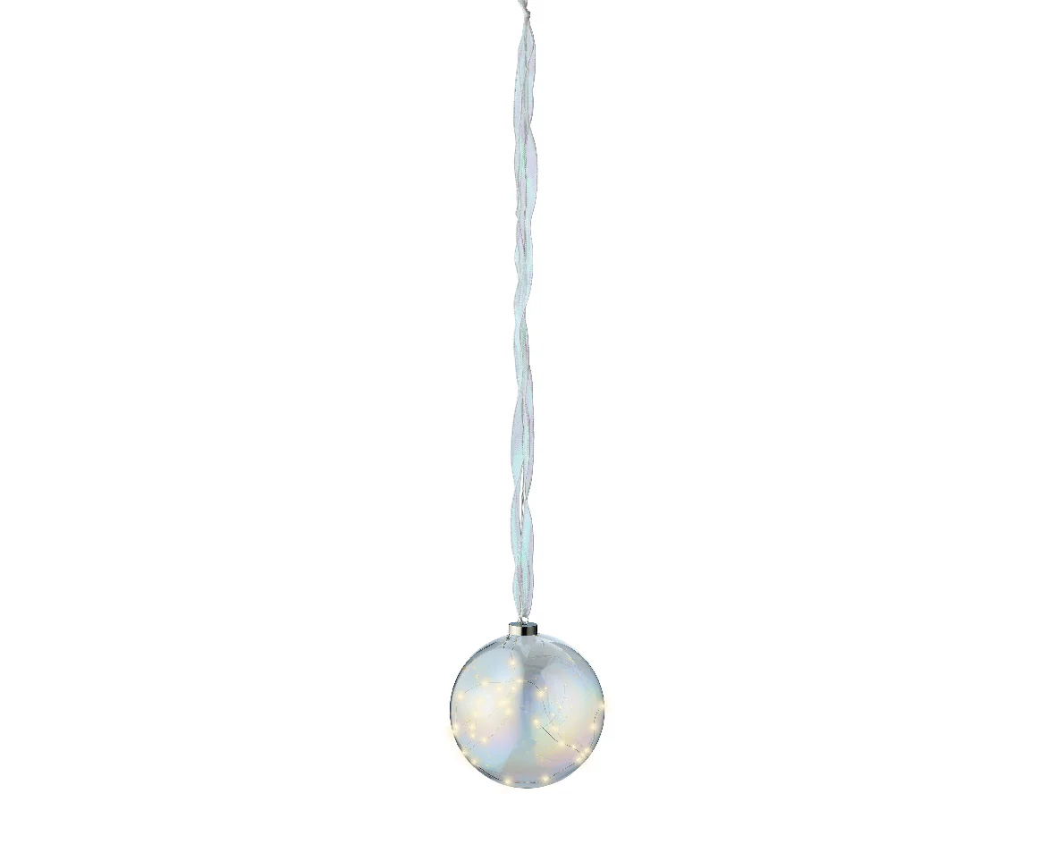 Battery Operated Micro LED Warm White Glass Iridescent Ball with Ribbon Hanger - 20cm - Image 3