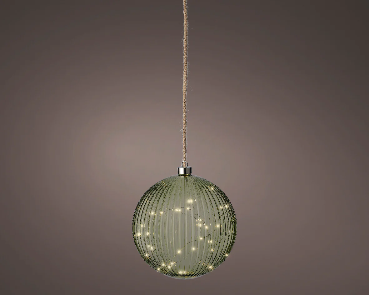 Battery Operated Micro LED Warm White Glass Round Green Ball with Rope Hanger - 20cm