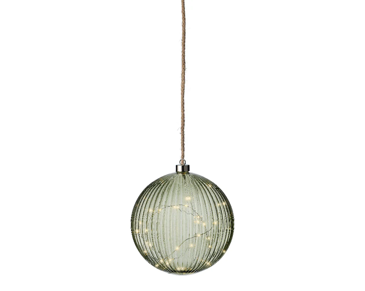 Battery Operated Micro LED Warm White Glass Round Green Ball with Rope Hanger - 20cm - Image 2