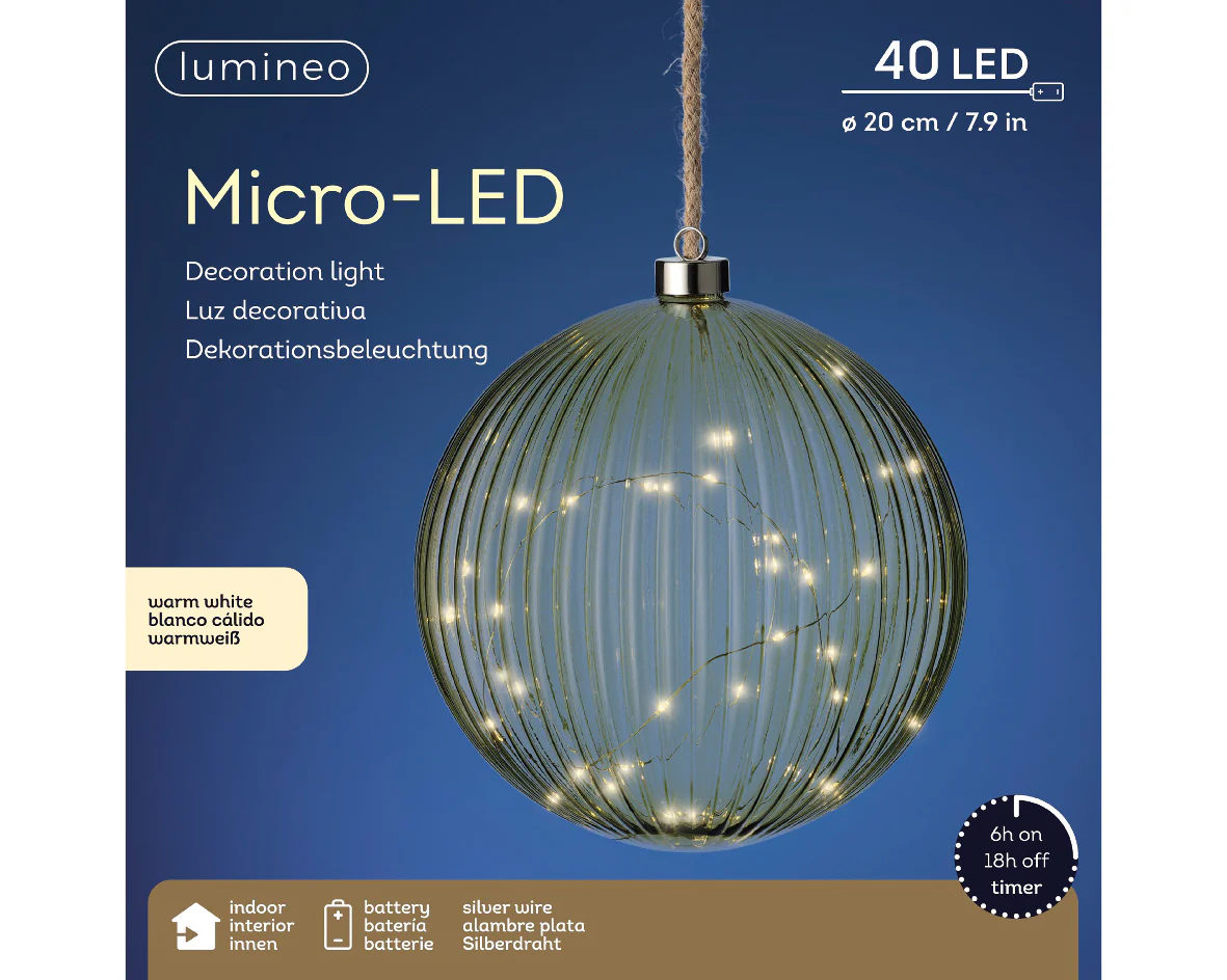 Battery Operated Micro LED Warm White Glass Round Green Ball with Rope Hanger - 20cm - Image 3
