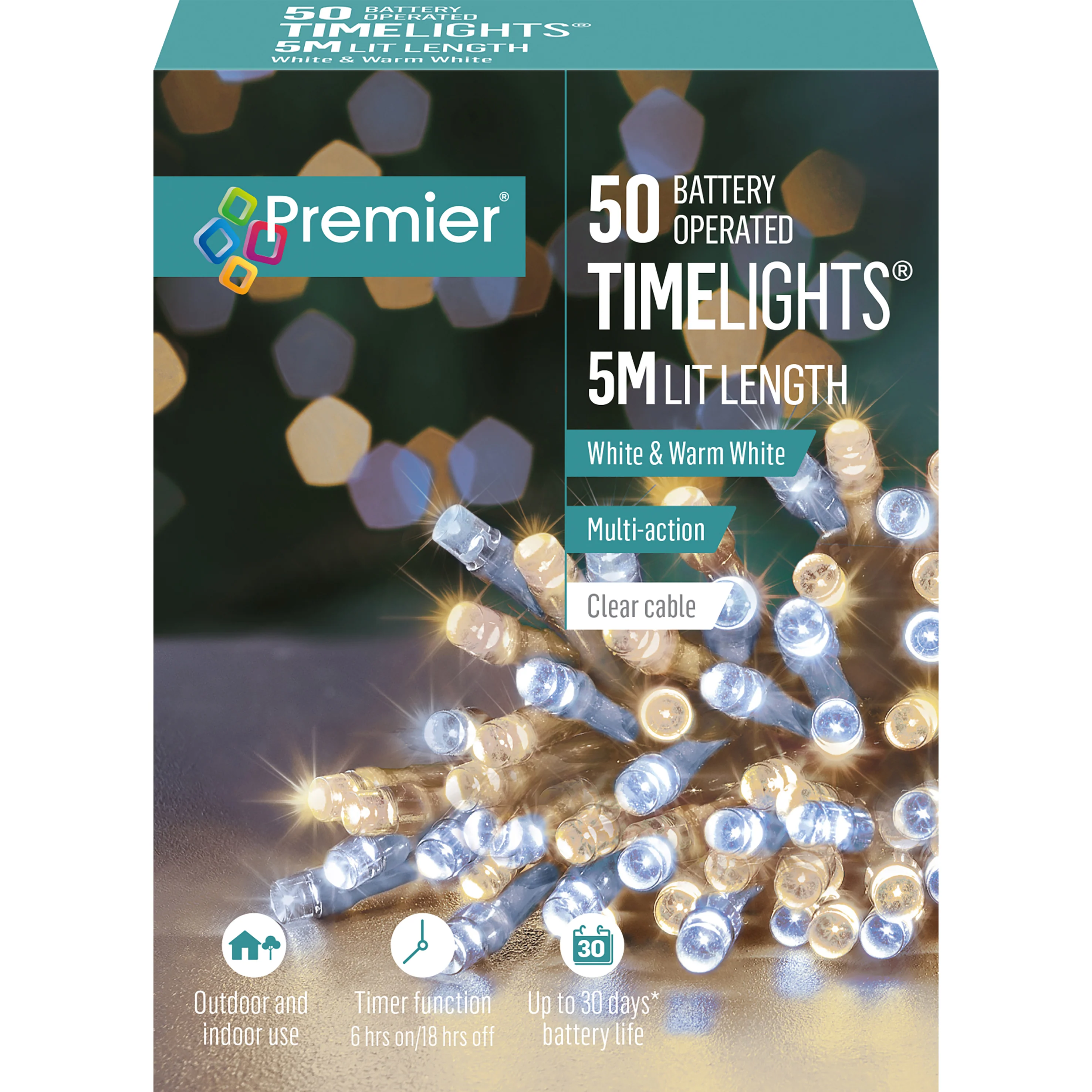 Battery Operated Multi Action White & Warm White Mix Coloured LED Timelights Clear Cable