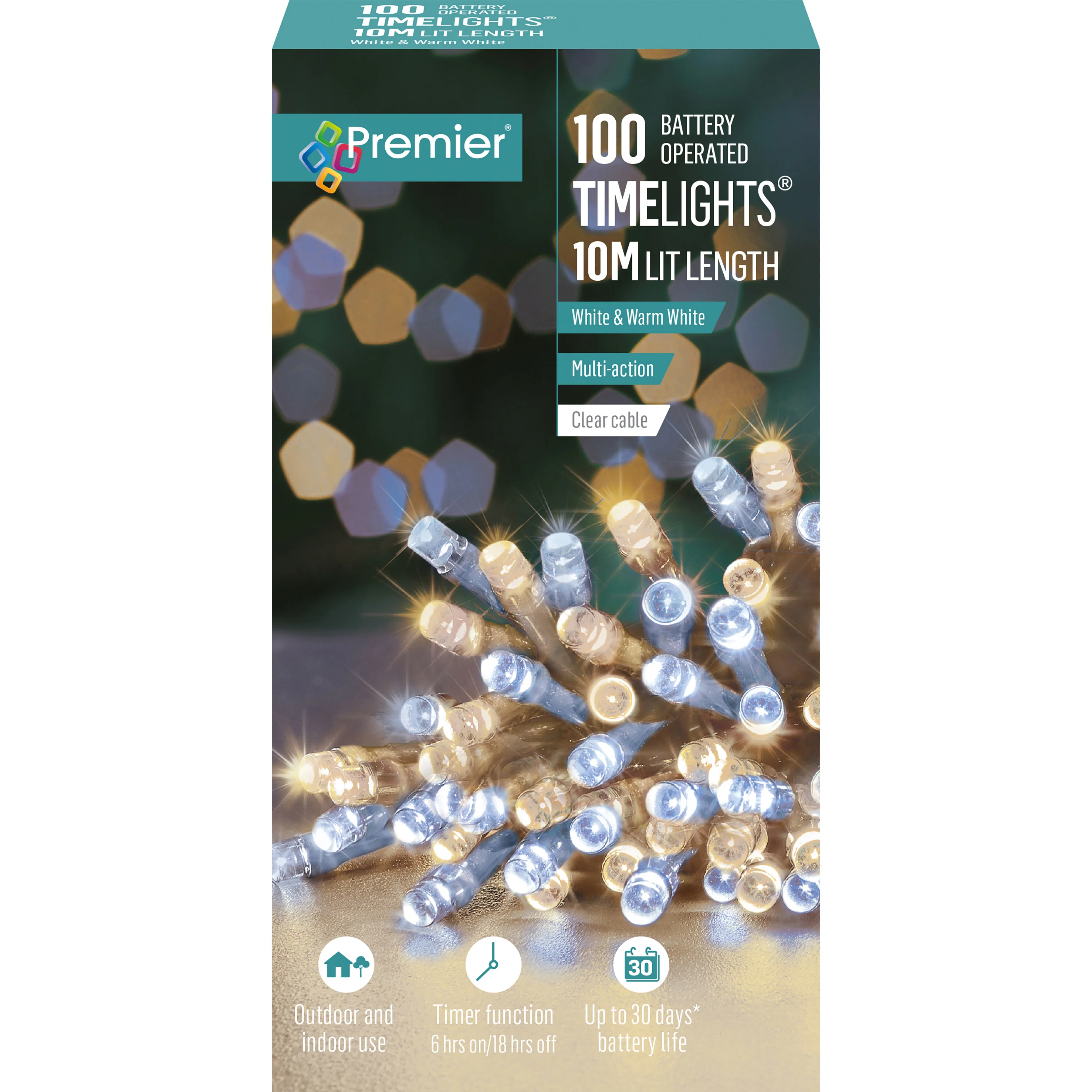 Battery Operated Multi Action White & Warm White Mix Coloured LED Timelights Clear Cable - Image 2