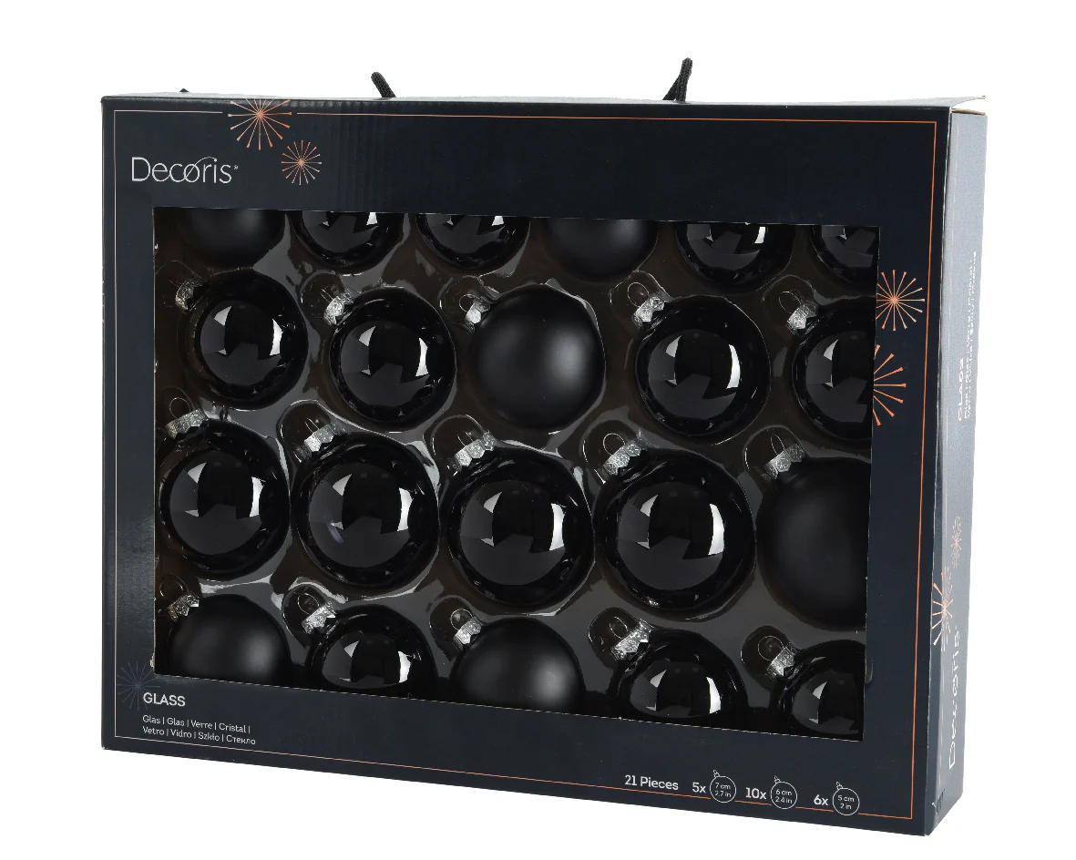 Black Mix Assorted 7cm Glass Christmas Baubles - Box of 21