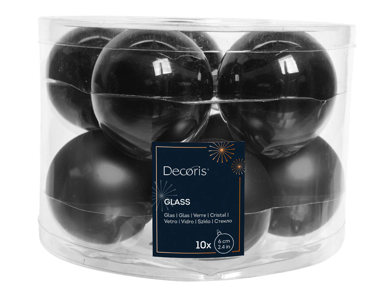 Black Mixed Shiny and Matt 6cm Glass Baubles - Tube of 10