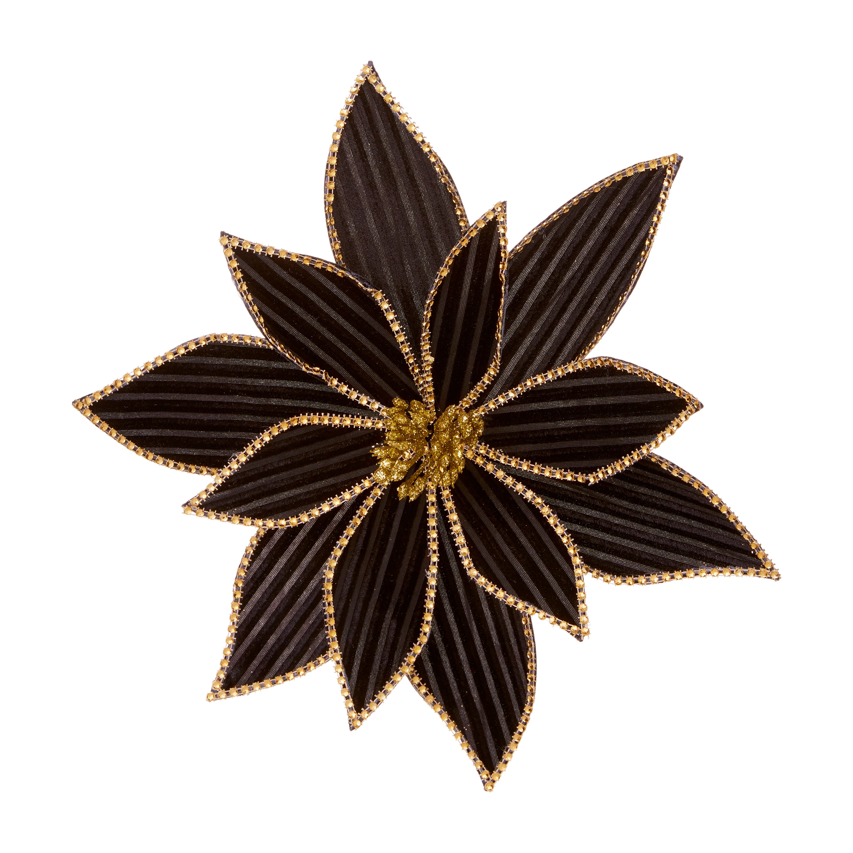 Large 32cm Black Poinsettia with Gold Diamantés Clip on Flower