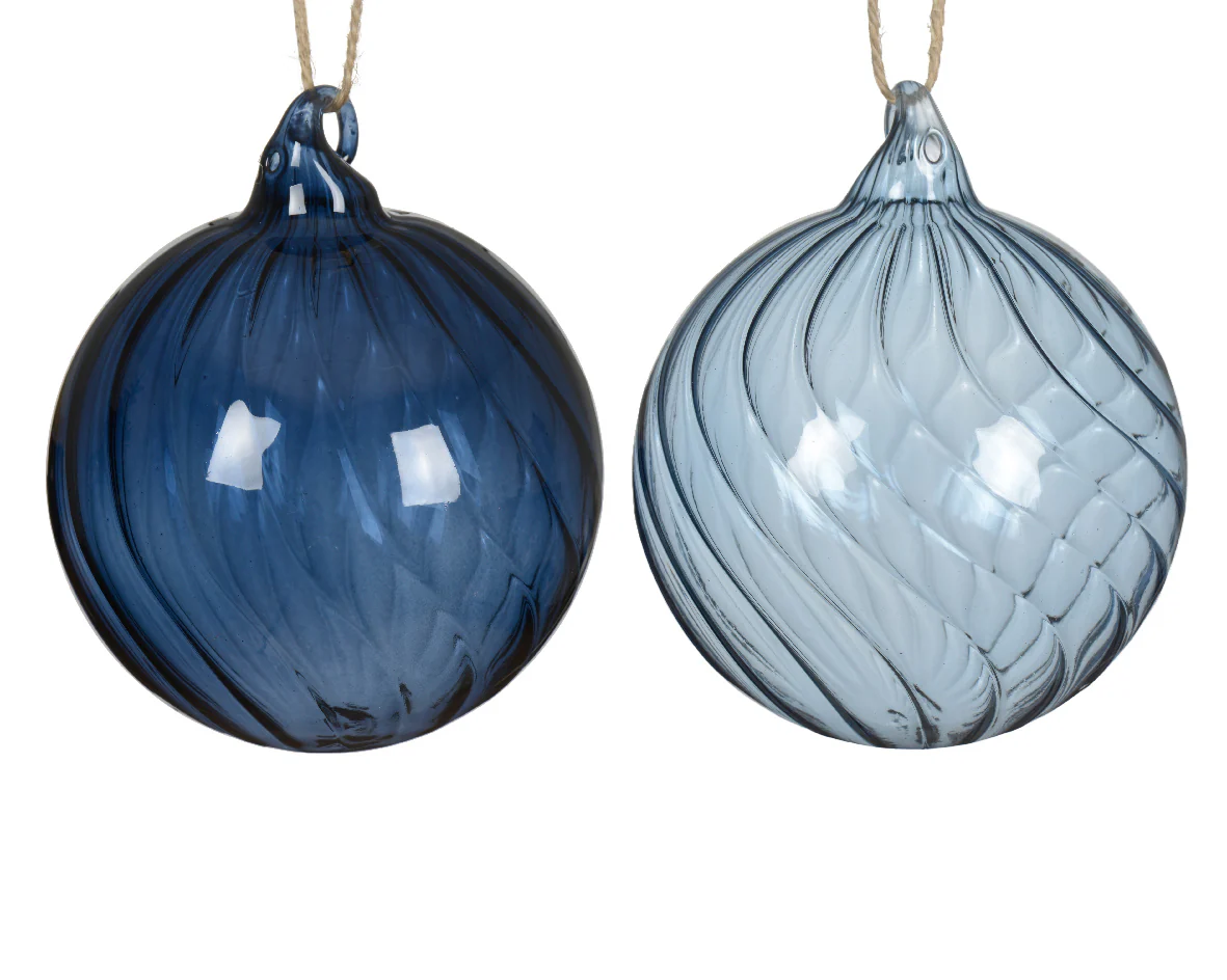 Blue Clear Glass Bauble with Swirl Detailing - 8cm