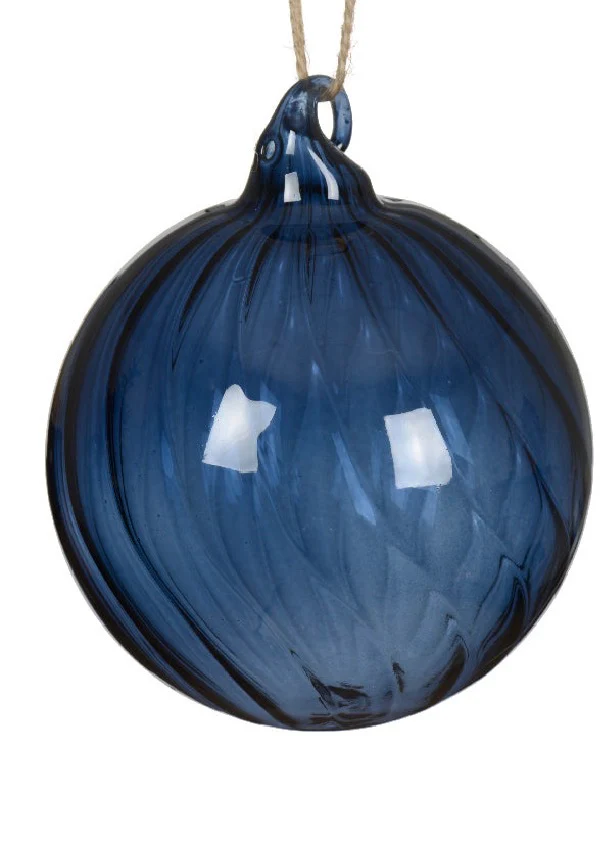 Blue Clear Glass Bauble with Swirl Detailing - 8cm - Image 2