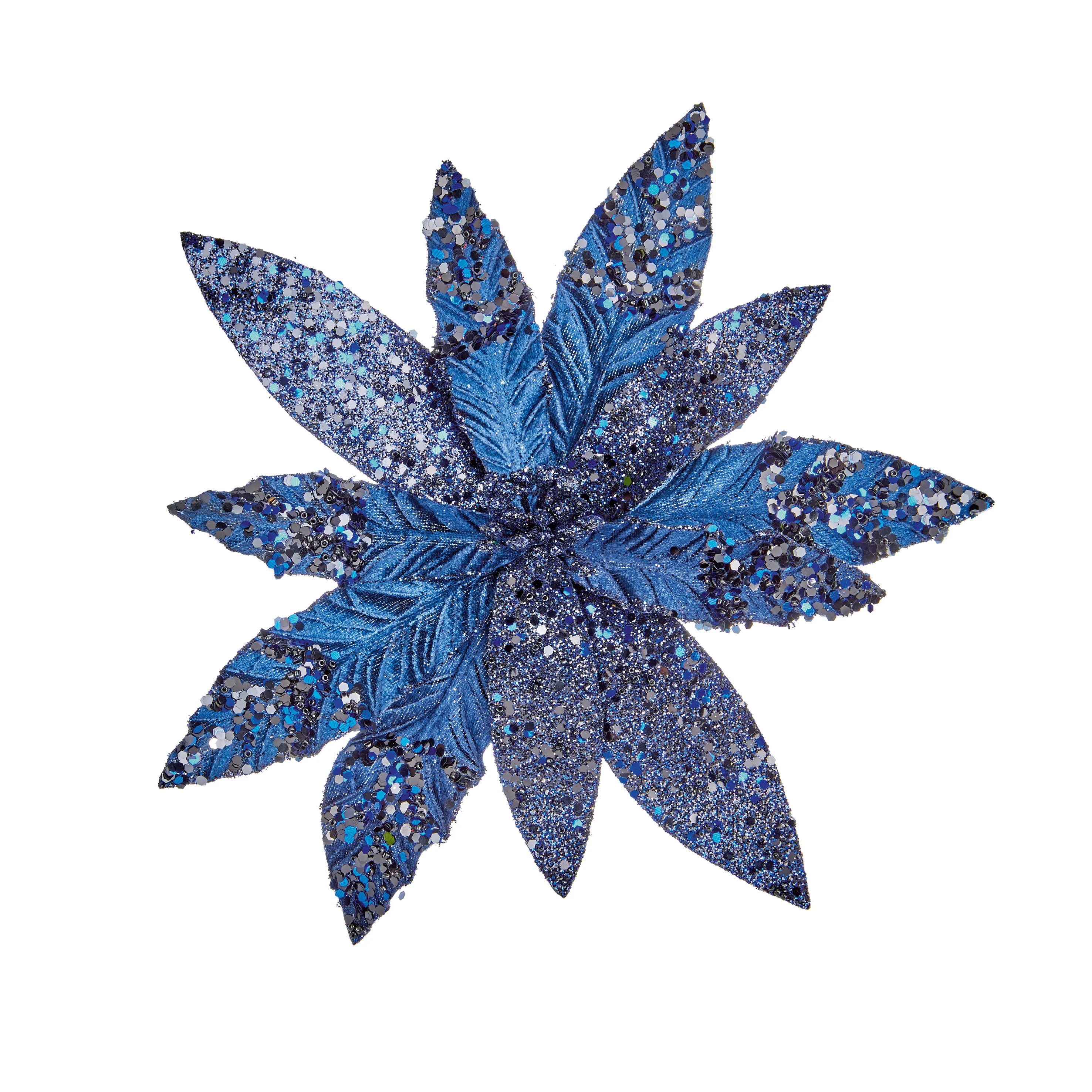 26cm Blue Glitter with Sequin Poinsettia Flower with Clip