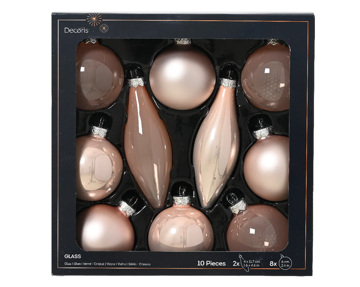 Blush Pink Assorted Shaped Glass Baubles - Box of 10