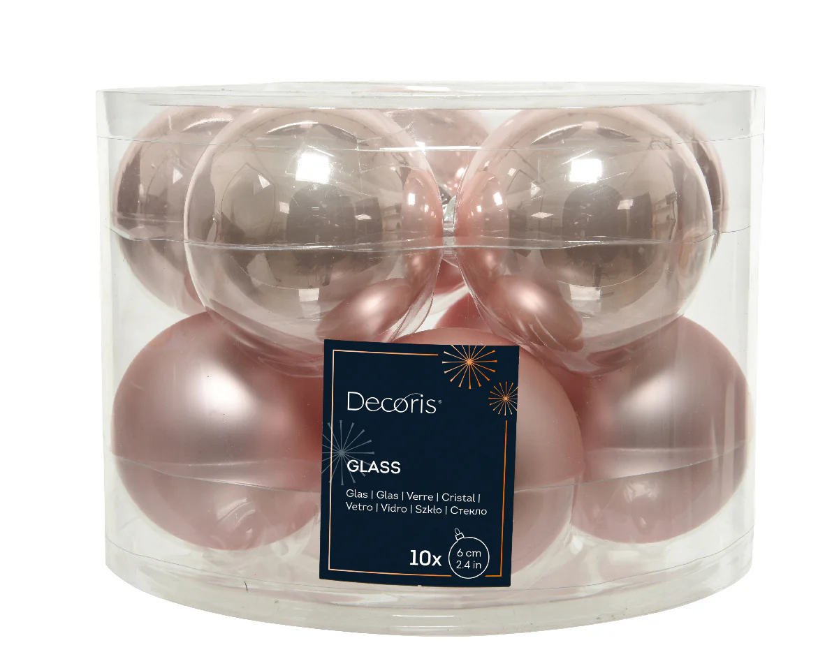 Blush Pink Glass Baubles Shiny & Matte 6cm - Tube of 10