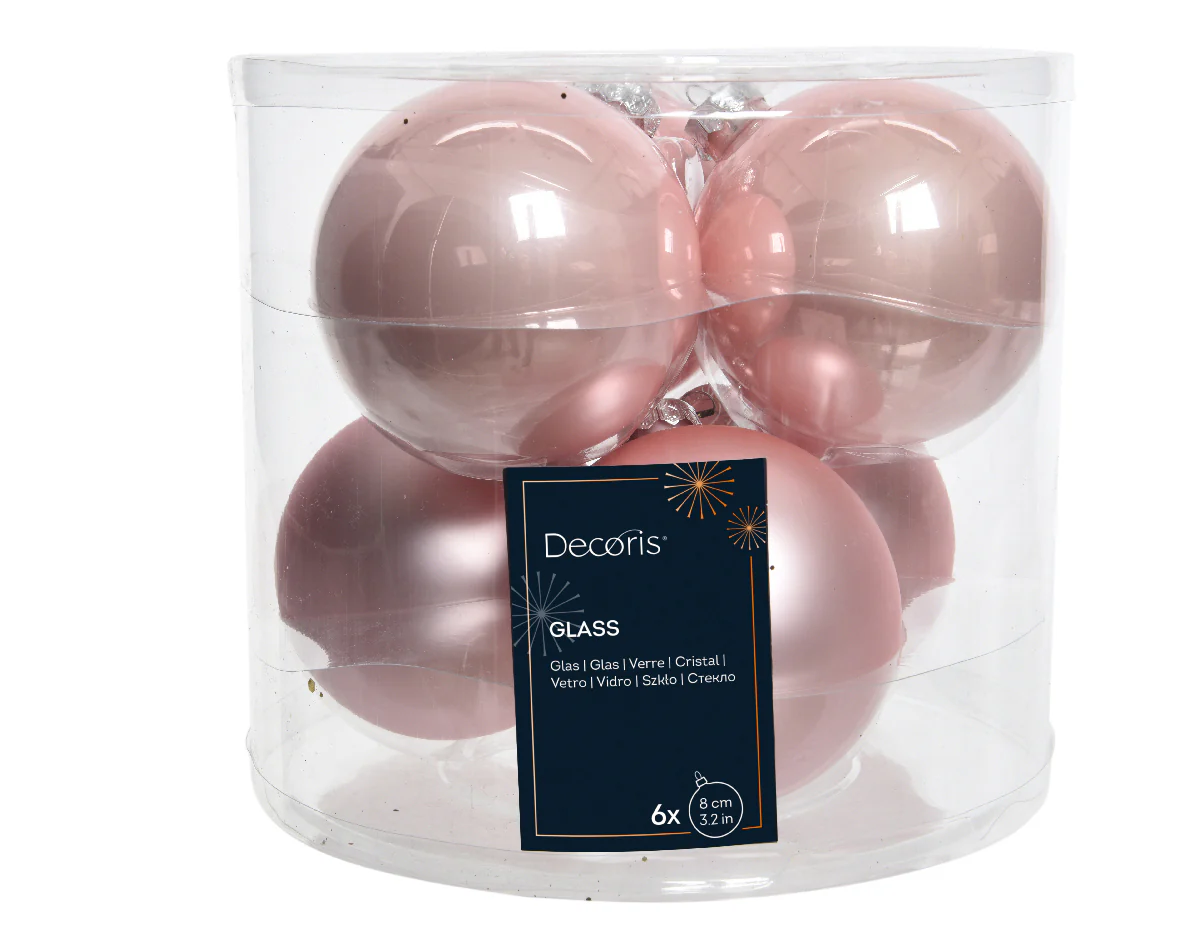 Blush Pink Glass Baubles Shiny & Matte 6cm - Tube of 6
