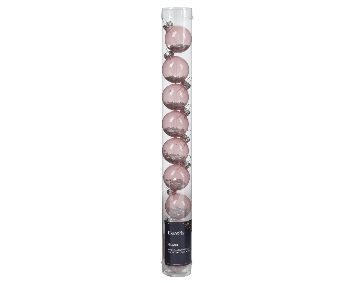 Blush Pink Transparent Glass Baubles with Star Sequins - Tube of 9