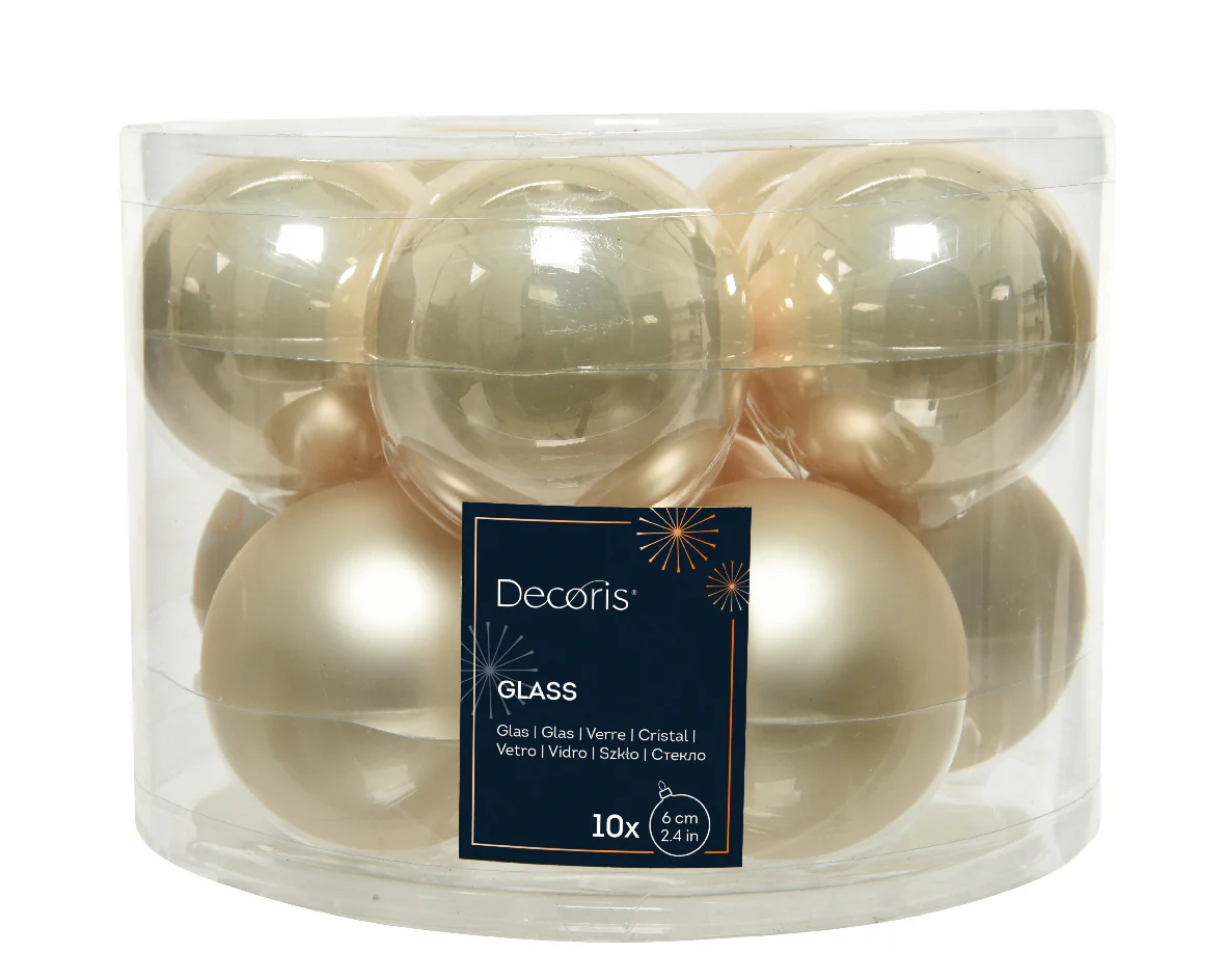 Box of 10 Glass Shiny & Matt Pearl Baubles- 5cm