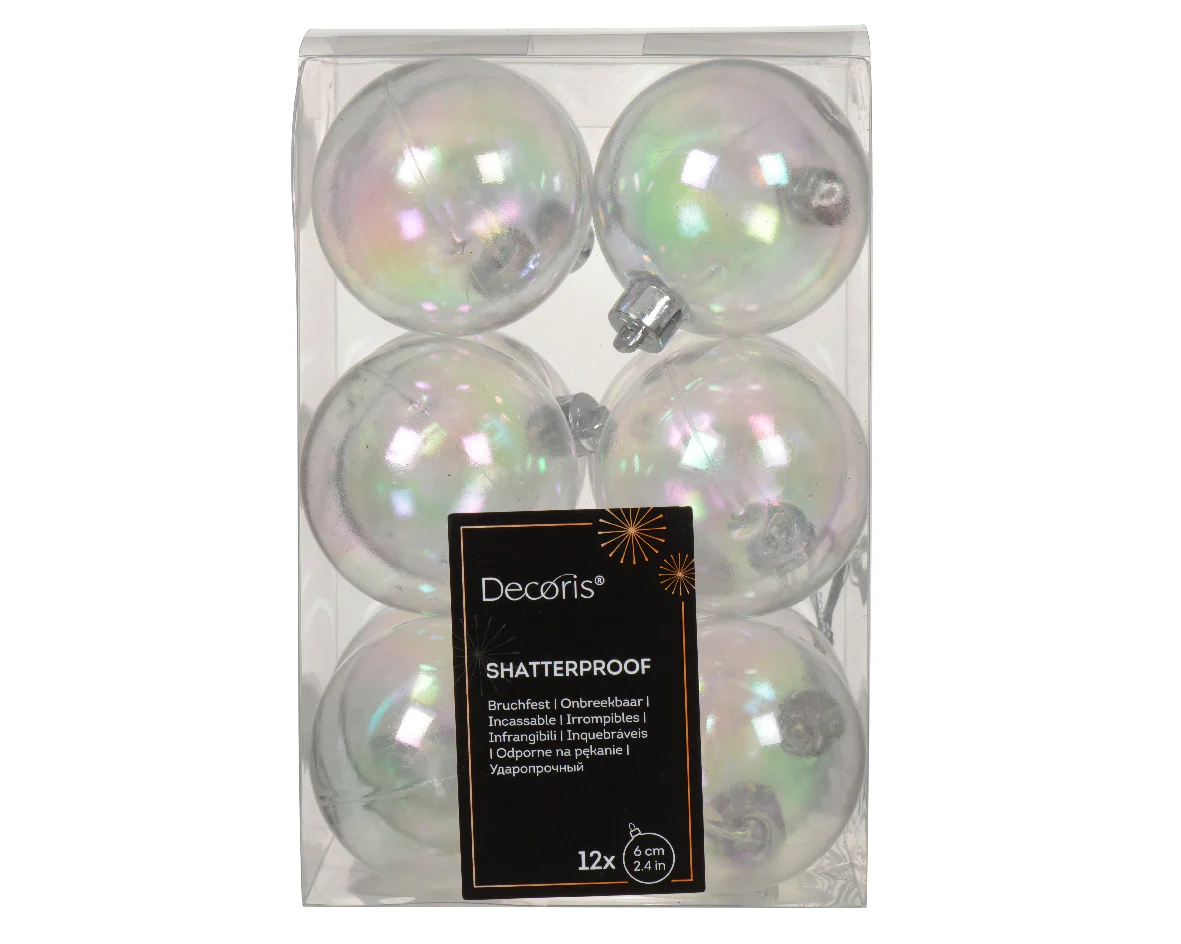 Box of 12 Transparent Iridescent Finish Shatterproof Baubles - 6cm