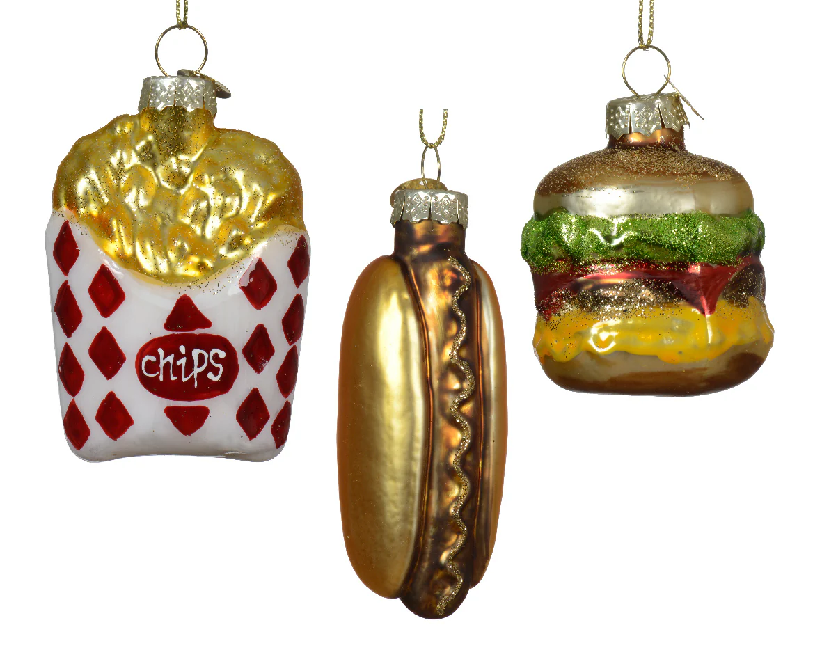Box of 3 Fast Food Christmas Tree Baubles - Burger, Fries & Hot Dog