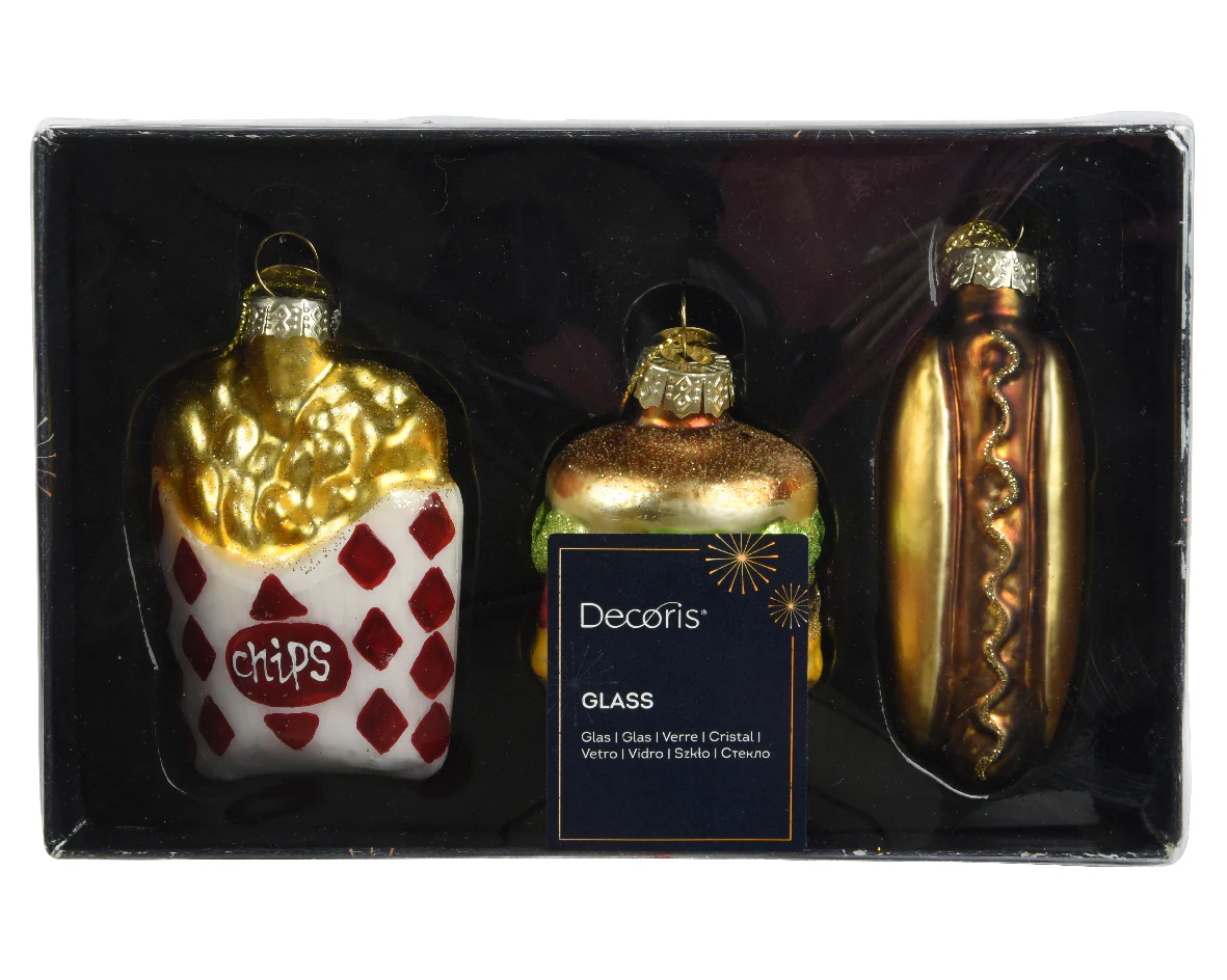 Box of 3 Fast Food Christmas Tree Baubles - Burger, Fries & Hot Dog - Image 2