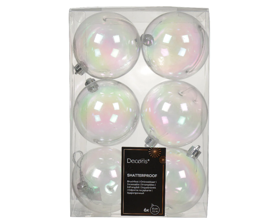 Box of 6 Transparent Iris Shatterproof Baubles - 8cm