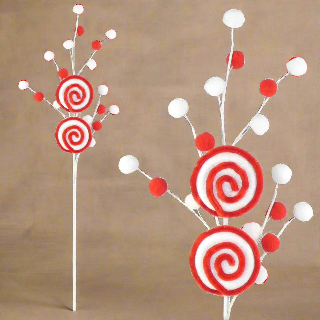 Chenille Red & White Candy Cane Pom Pom Lollipop Swirl Pick - 62cm - Image 2