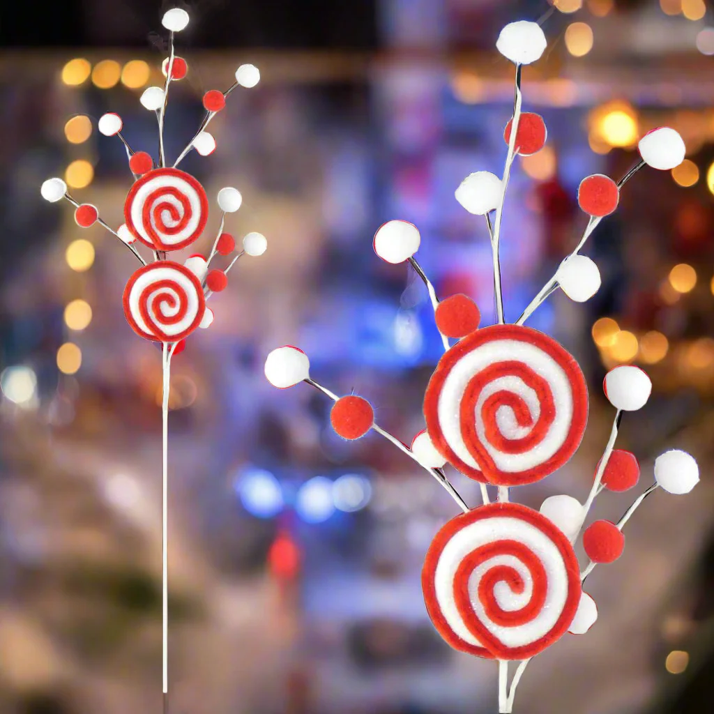 Chenille Red & White Candy Cane Pom Pom Lollipop Swirl Pick - 62cm - Image 3