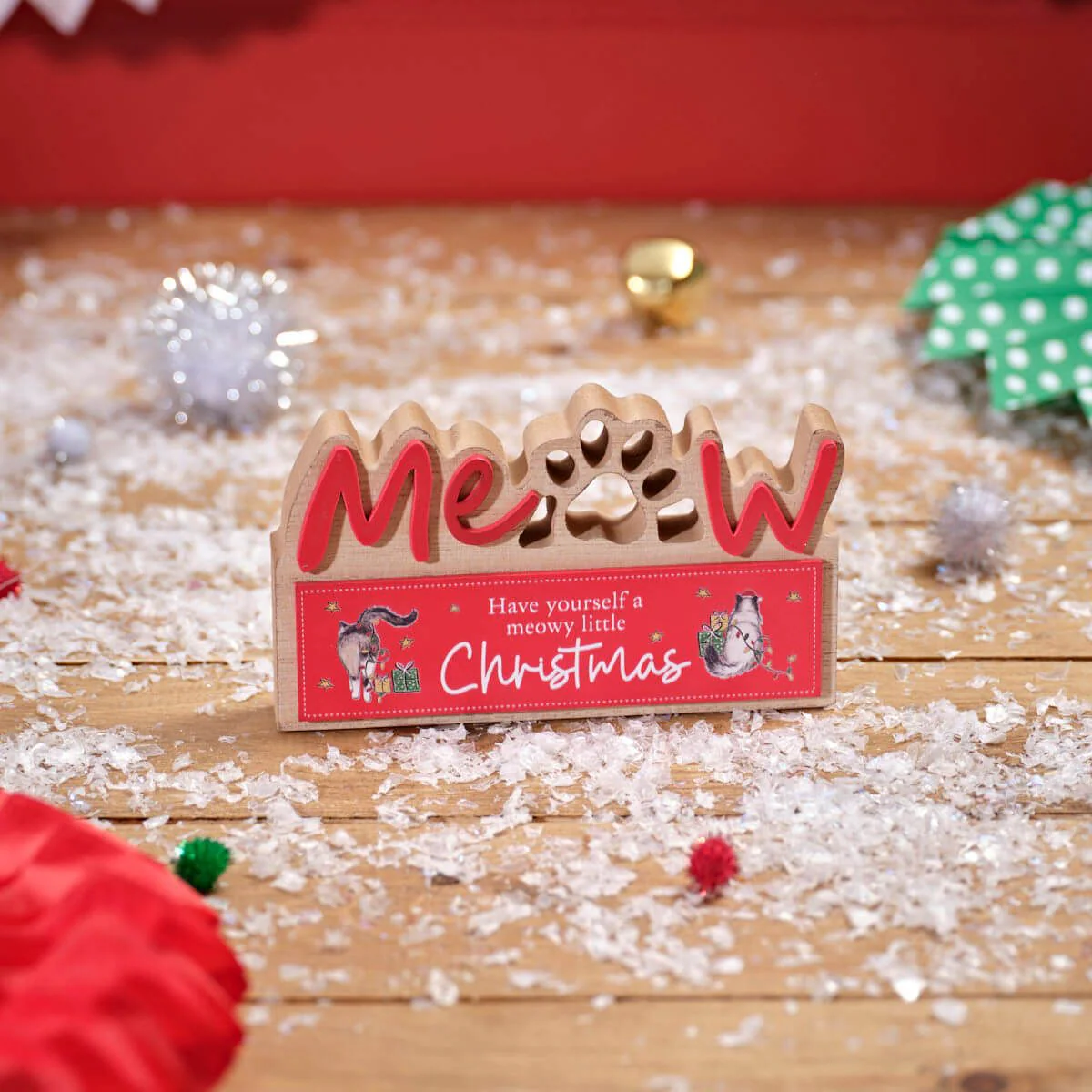 Furry And Festive Wood Cut Out Meow Christmas Block