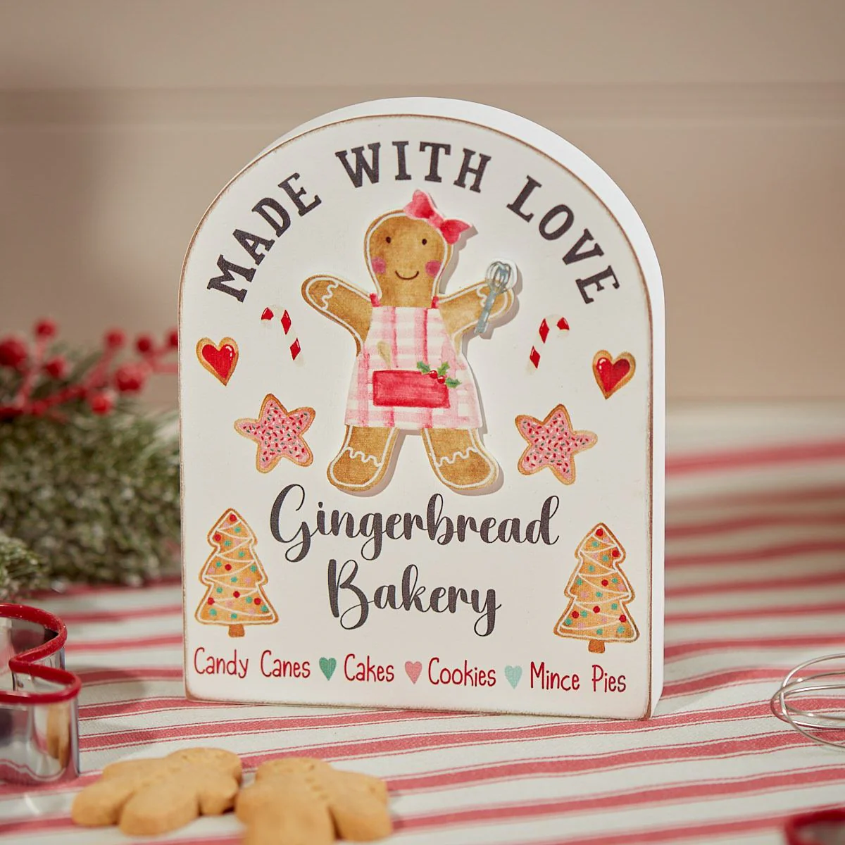 Christmas Gingerbread Bakery 'Made with Love' Arched White Wooden Block with Quote