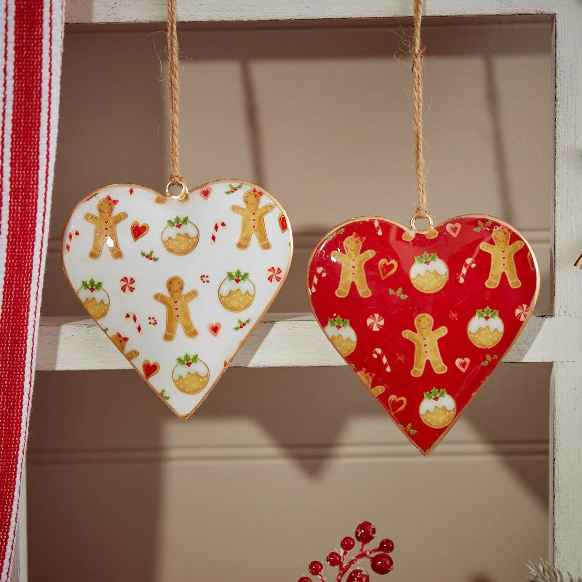 Hanging Christmas Metal Heart with Gingerbread & Candy Cane Design in Red or White