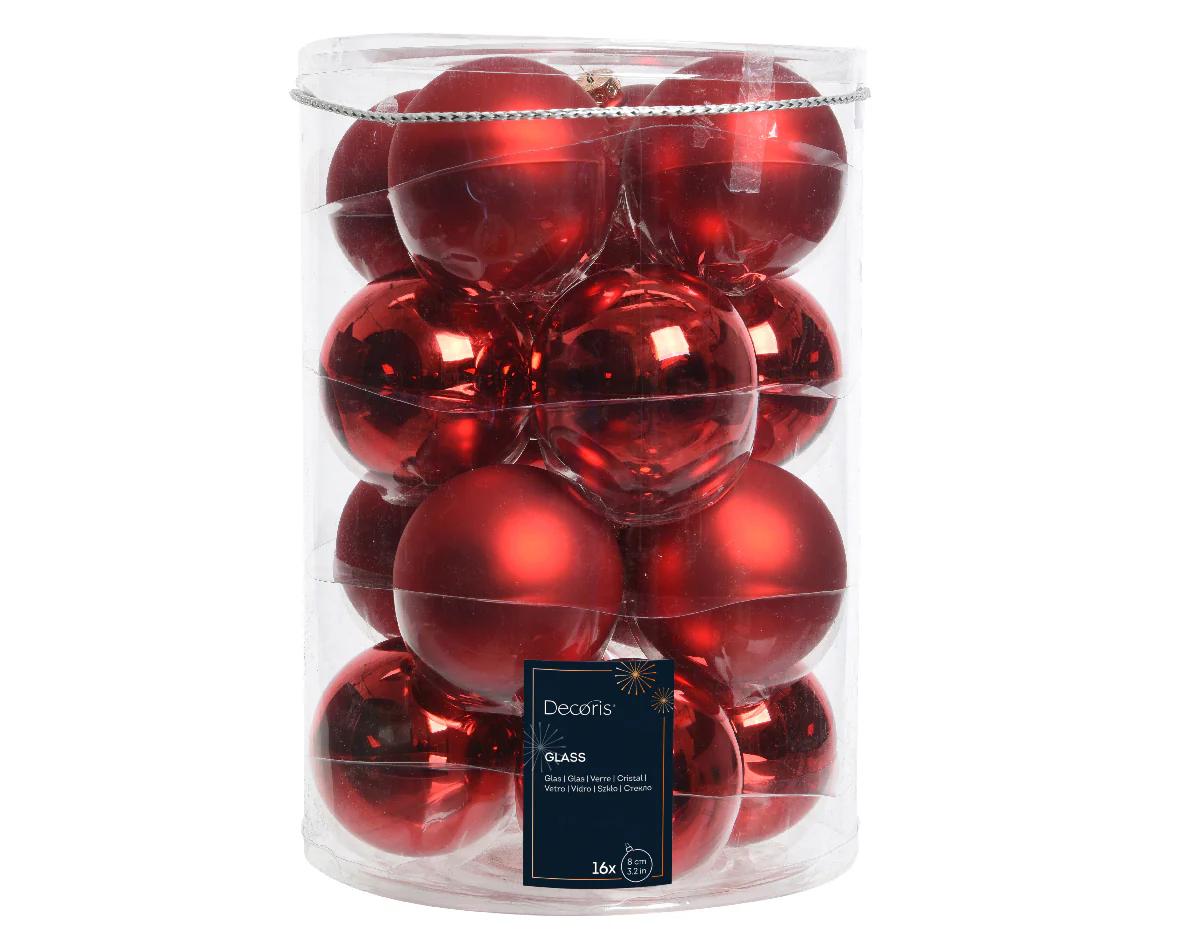 Christmas Red 8cm Glass Baubles in Matt & Shiny Finish - Tube of 16