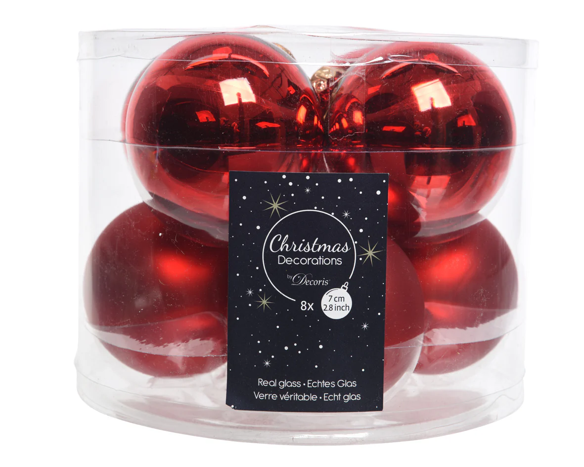 Christmas Red Mixed Shiny and Matt 7cm Glass Baubles - Tube of 8
