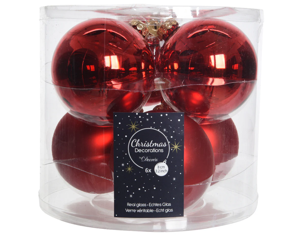 Christmas Red Mixed Matt and Shiny 8cm Glass Baubles - Tube of 6