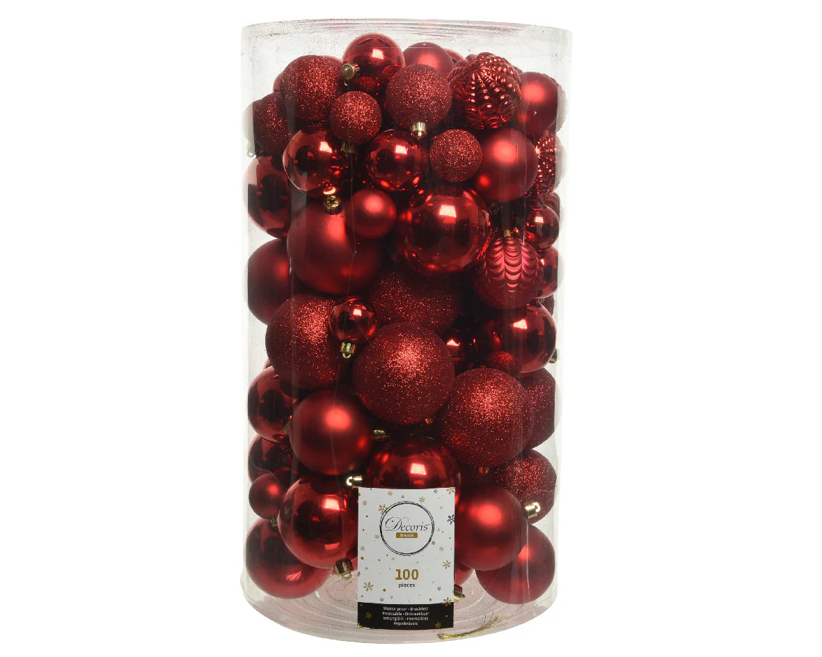 Giant Tube of 100 Christmas Red Mixed Shatterproof Baubles