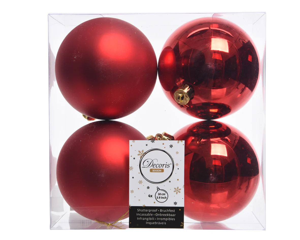 Set of 4 Large Matt & Shiny Christmas Red Shatterproof Baubles - 10cm