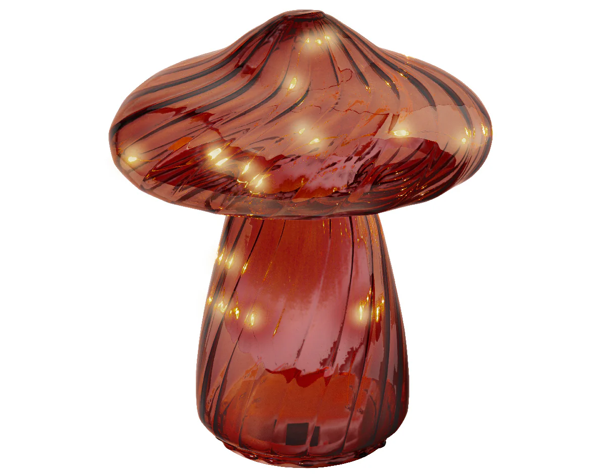 Clear Brown Glass Mushroom Decoration with Warm White Micro LEDs - Image 5