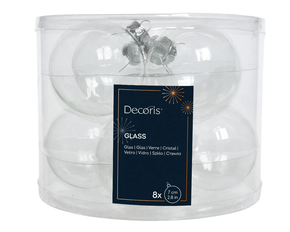Set of 8 Clear Glass Baubles - 7cm