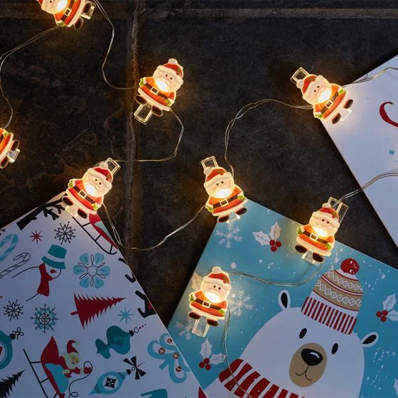 ClipCard Santa String Lights - Set of 10 - Battery Operated