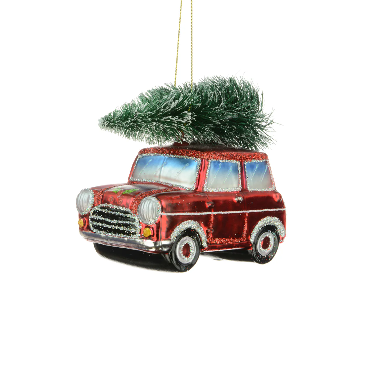 Red Glass Mini Cooper Car with Christmas Tree on Roof Bauble