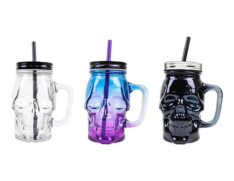 Skull Jar With Lid & Straw - Choice of three colours: black, clear and ombre.