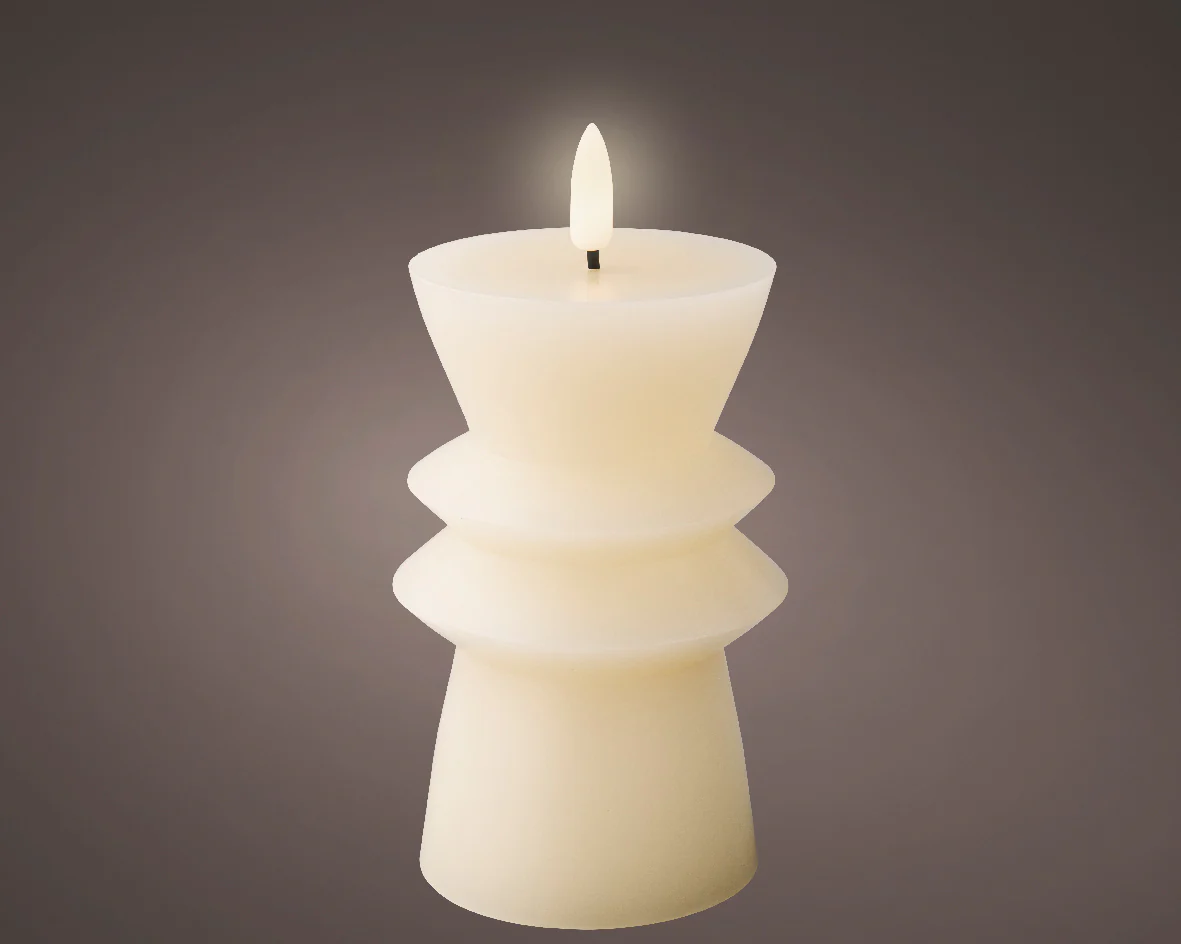 Cream Battery Operated Warm White LED Indoor Carved Candle - 8x15cm