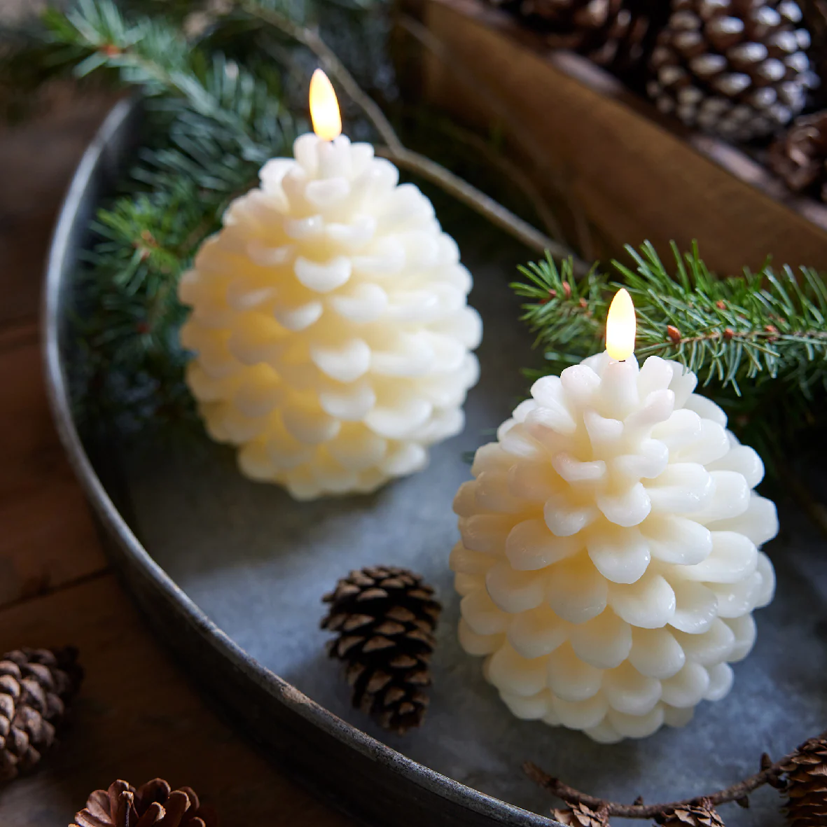 Cream Pine Cone Shaped LED Candle with Warm White Flame - Image 4