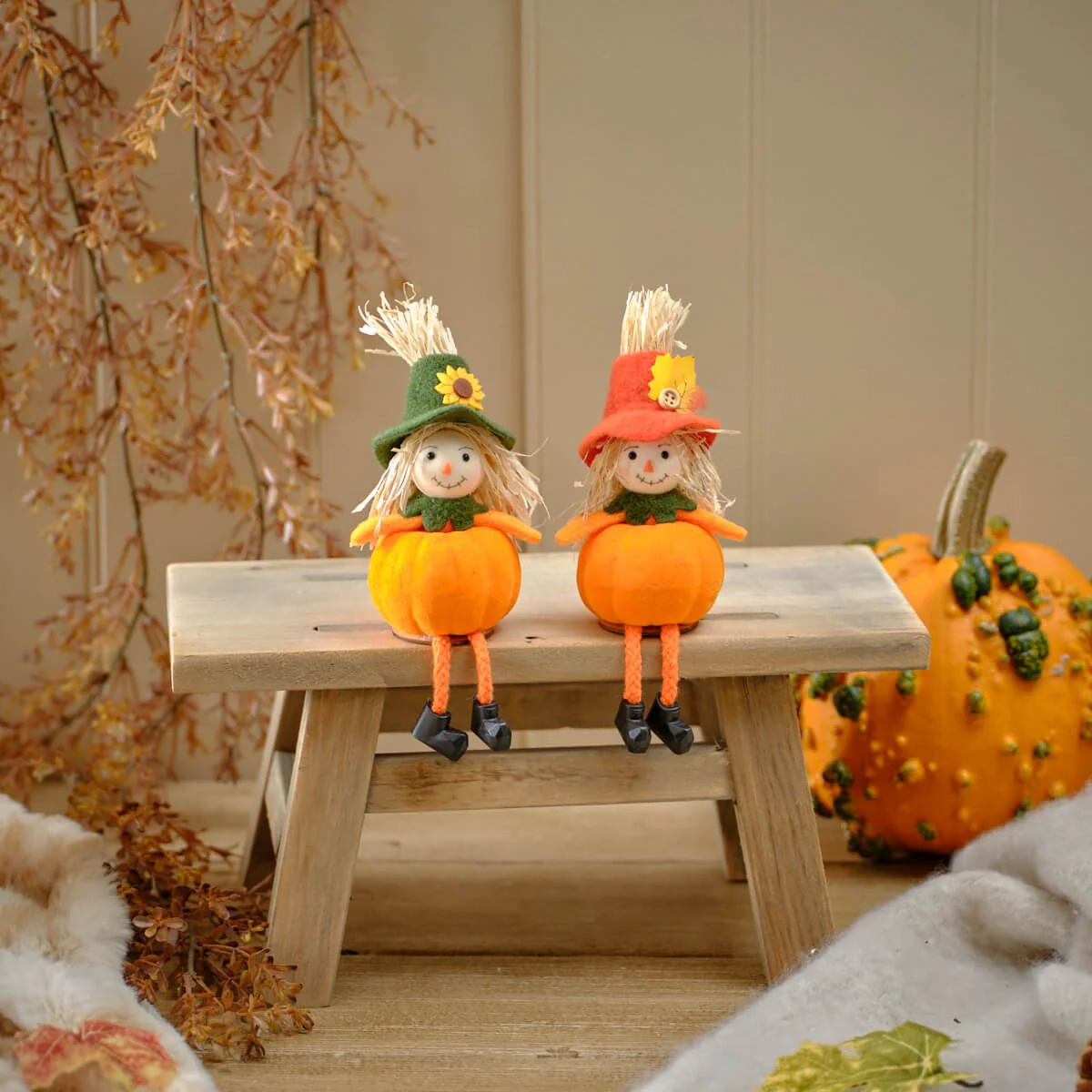 Harvest Polyester Scarecrow Shelf Sitter with Pumpkin Body - Image 2