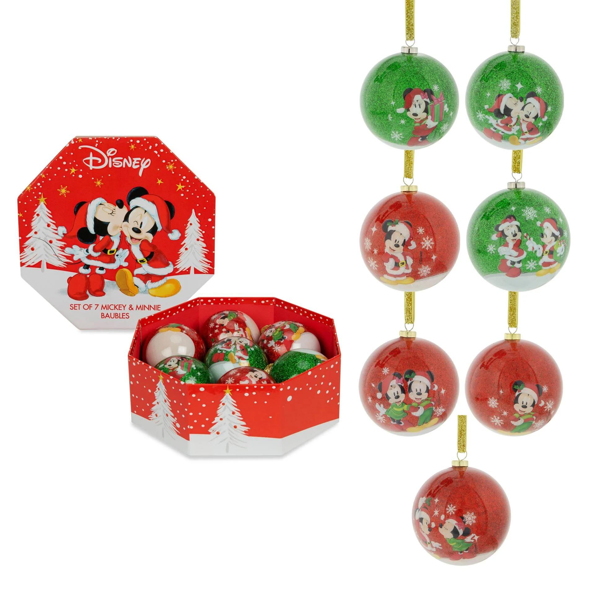 Disney Mickey & Minnie Red & Green Set of 7 Christmas Bauble Decorations