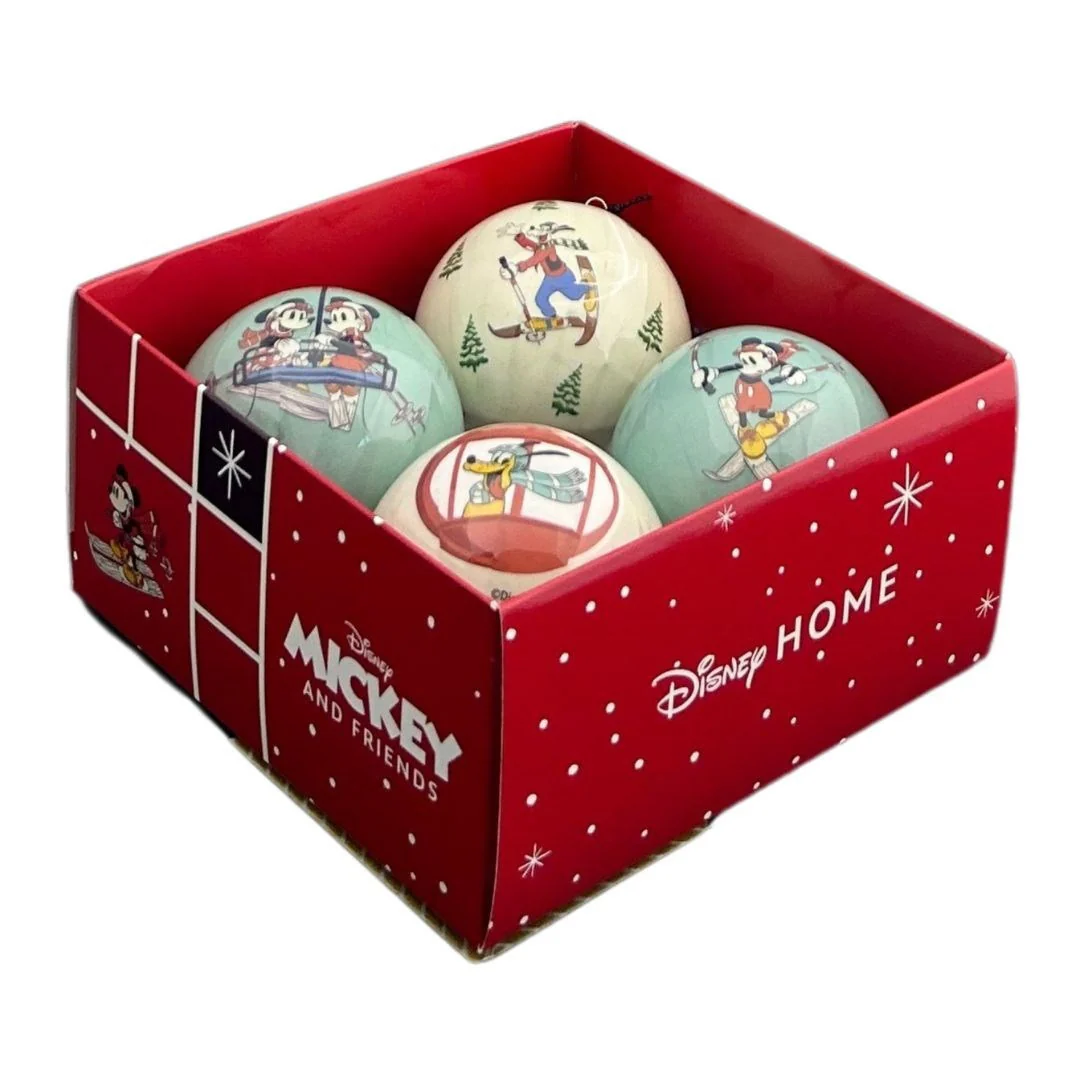 Disney's Mickey Mouse & Friends Skiing Sage Green & Cream Christmas Baubles - Box of 4