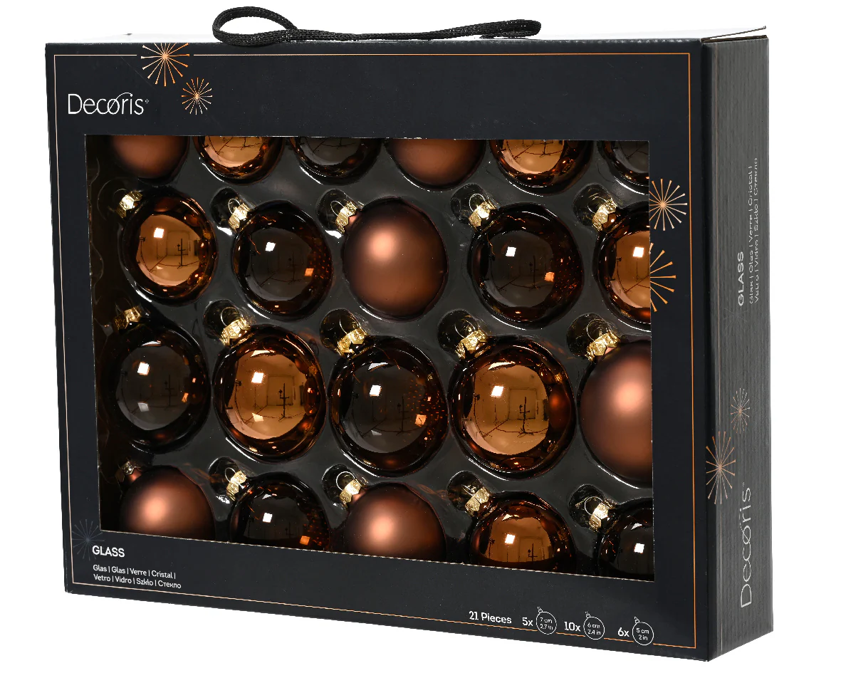 Espresso Brown Mix Assorted 7cm Glass Christmas Baubles - Box of 21