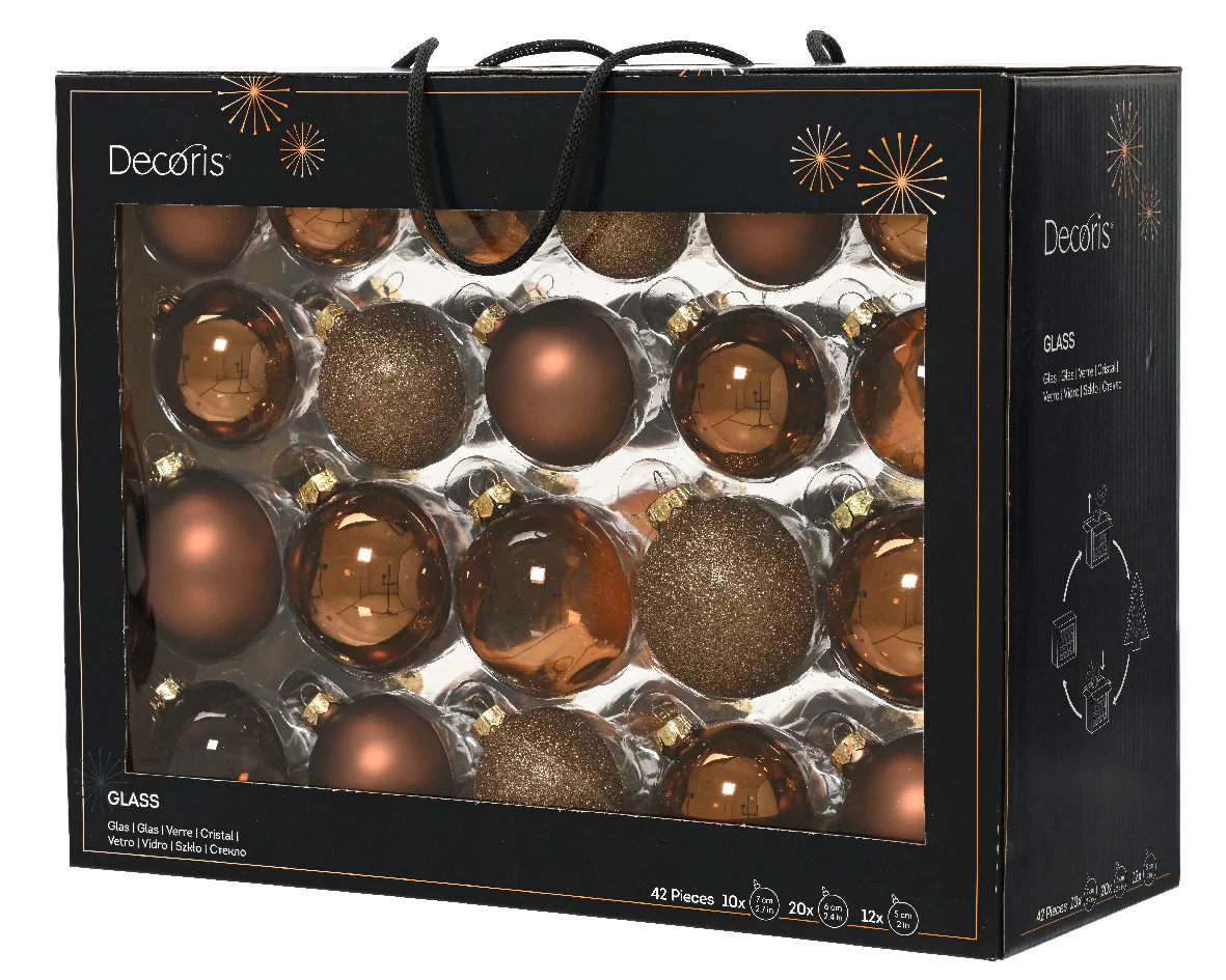 Espresso Brown Mix Assorted 7cm Glass Christmas Baubles - Box of 42