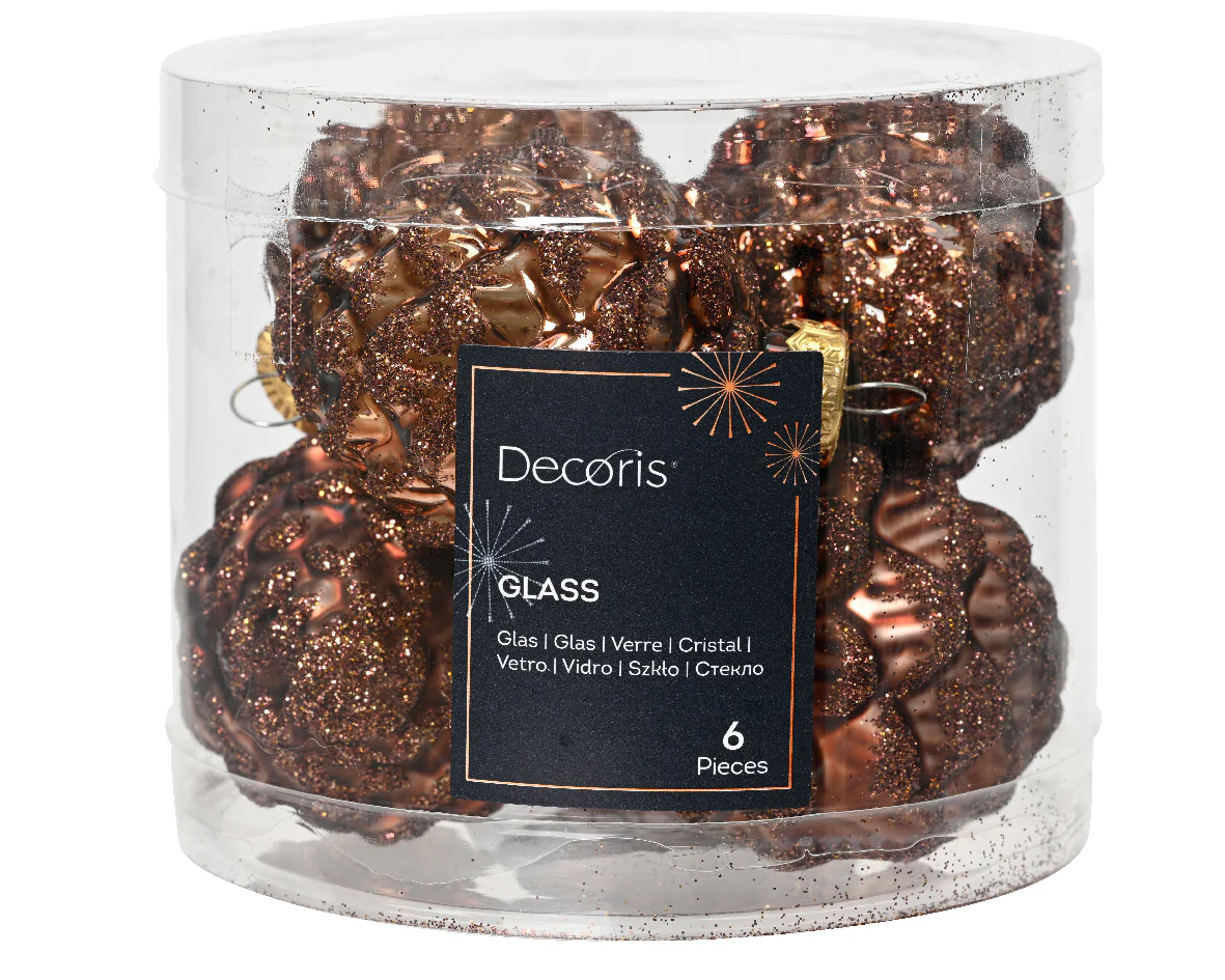 Espresso Glass Pinecone Baubles with Matt & Shiny Glitter Finish - Pack of 6