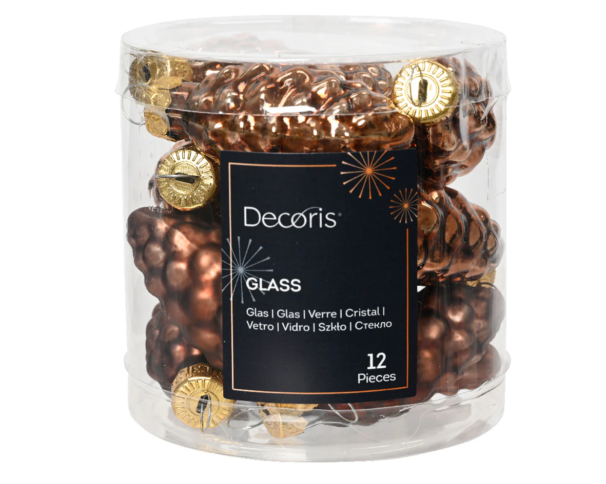 Espresso Glass Small Pinecone Baubles with Matt & Shiny Finish - Pack of 12