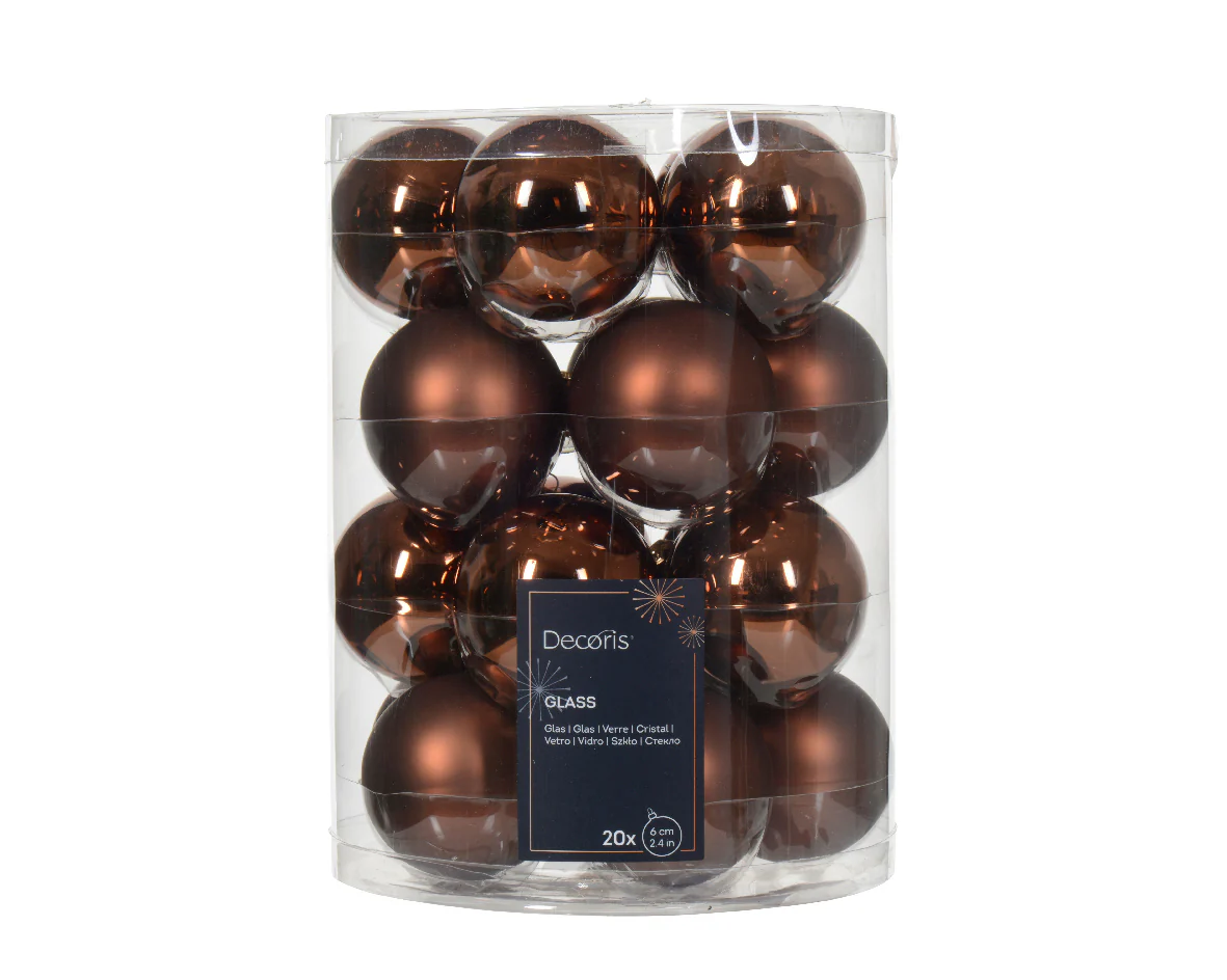 Espresso Shiny & Matt Mix of 6cm Glass Baubles - Tube of 20